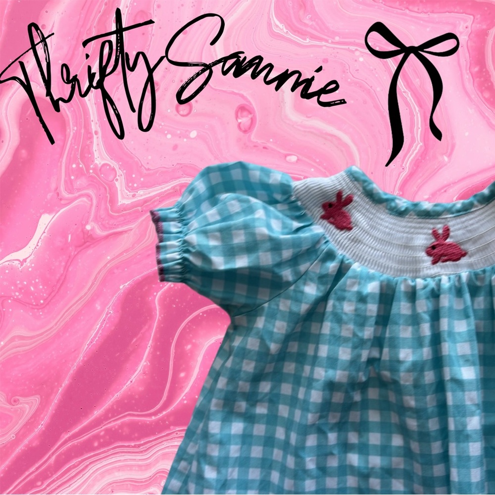 Blue and White Gingham Dress with Pink Embroidery bunnies smocked small